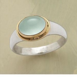 Retro boho gypsy silver &  gold Turkish made ring w/ aqua stone setting size 7.5